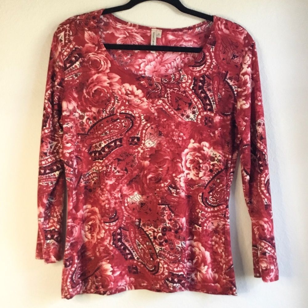 Paisley & rose pattern 3/4 length sleeve stretchy top cottagecore whimsygoth M